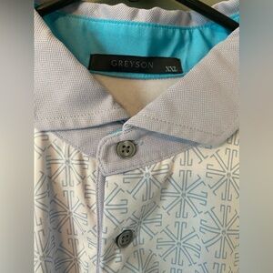 Greyson Polo Shirt Mens XXL 2XL White Light Blue Wolf Geometric All Over Print